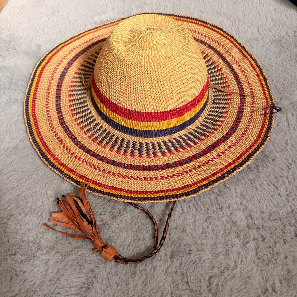 African Bolga Hat Handwoven Ghana Straw Sun Hat Wide Brim Tribal Gurunsi Frafra